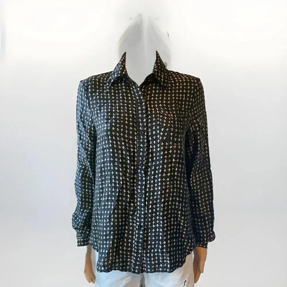 Rebecca Minkoff Womens Black Tan Abstract Silk Long Sleeve Button-Up Shirt Sz 2 - Picture 1 of 13